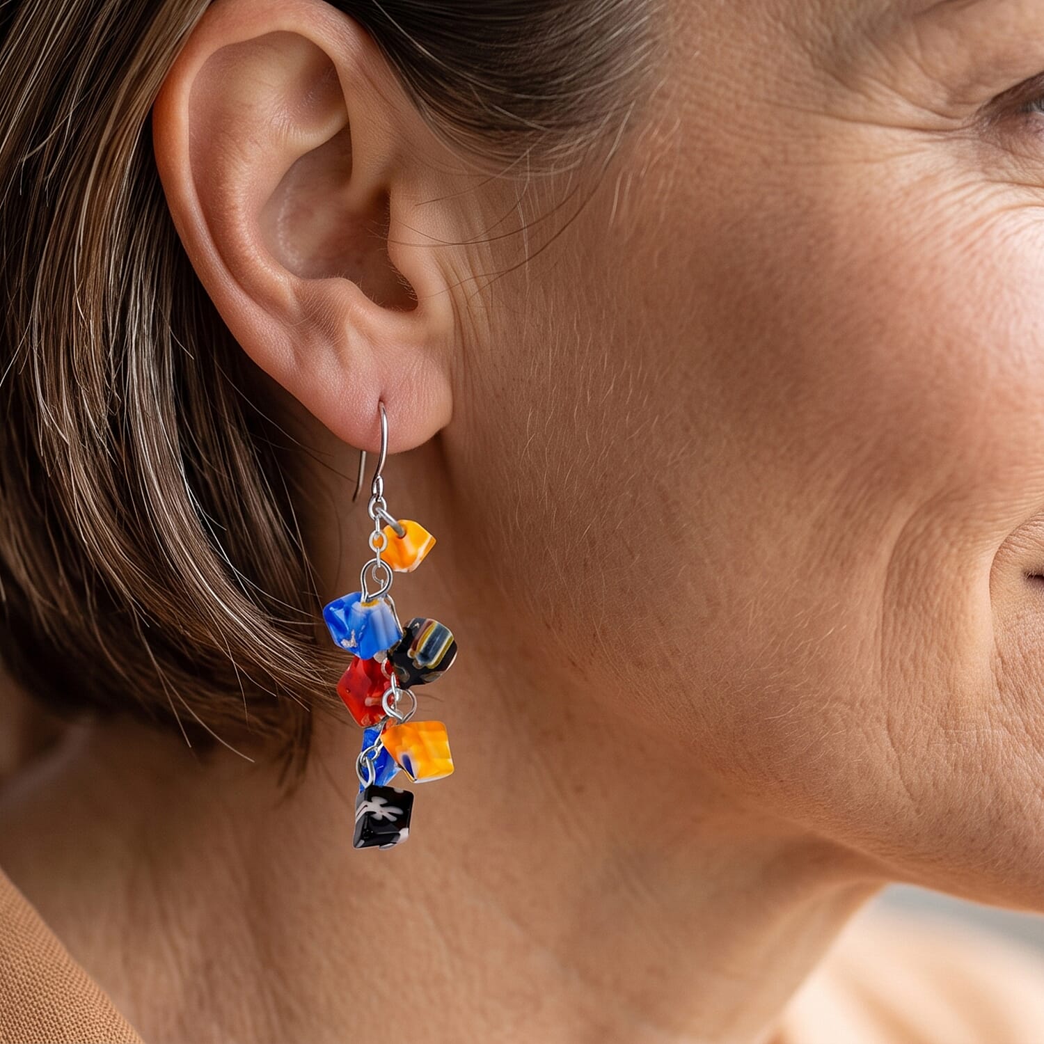 Multi Color Artisan Glass Earrings in Sterling Silver