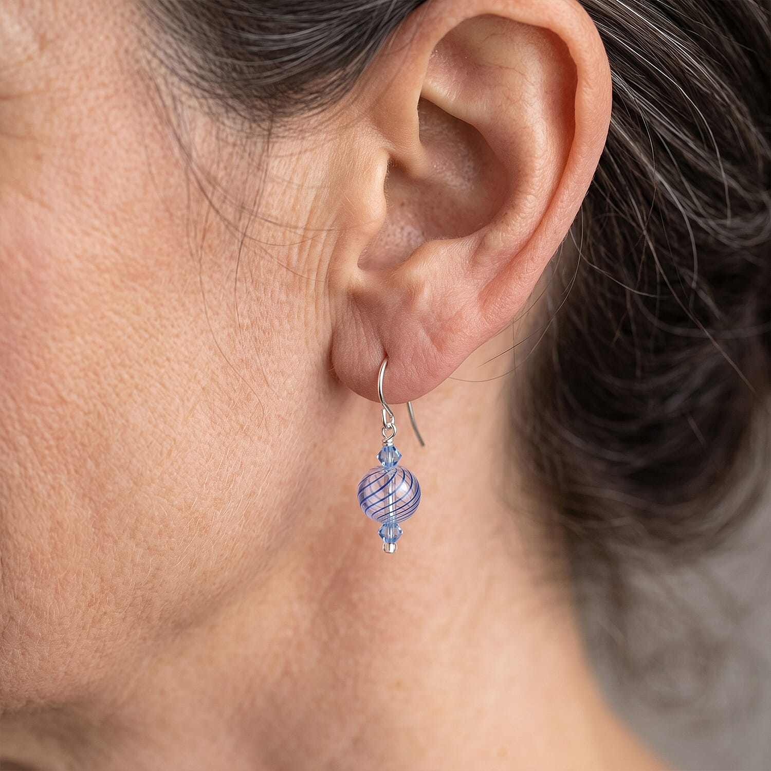 Blue and Clear Artisan Glass Earrings in Sterling Silver