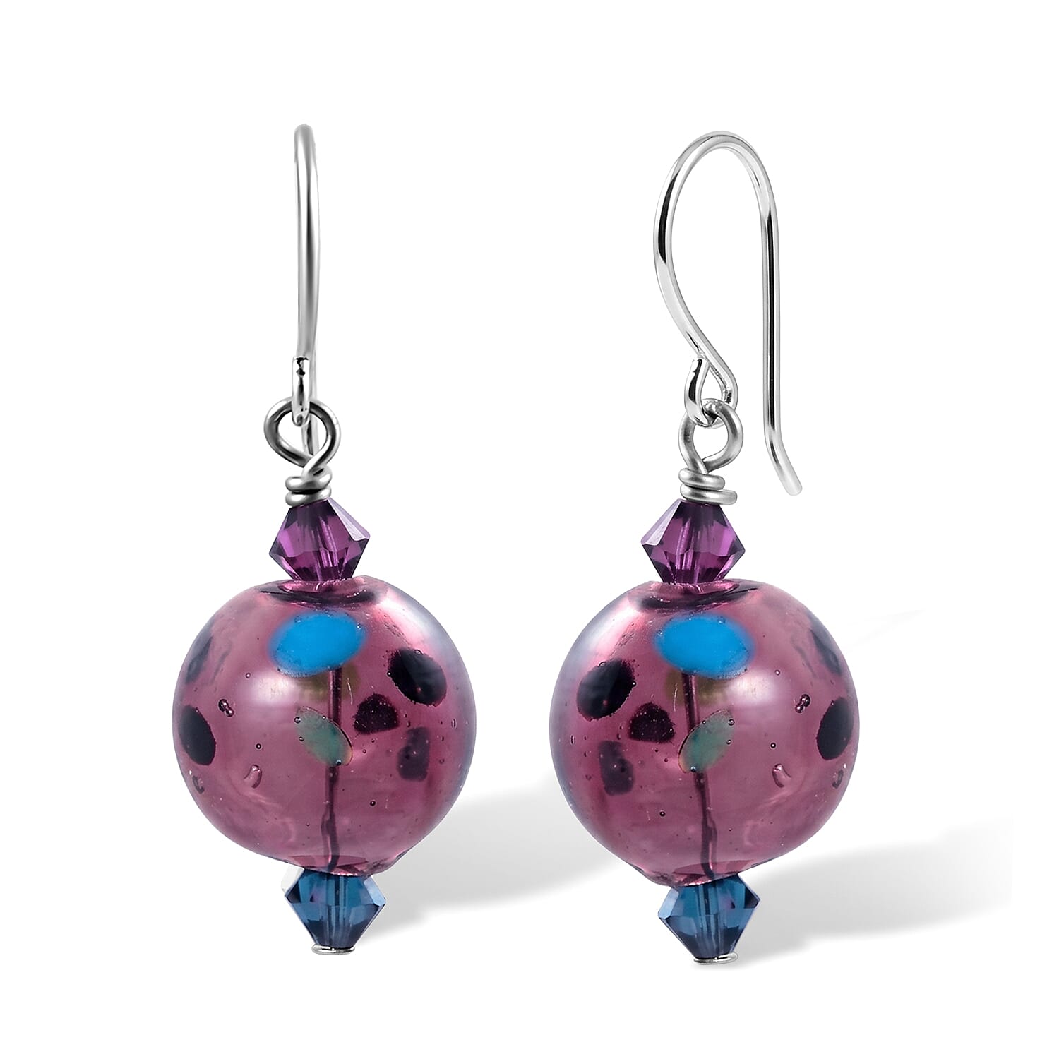 Purple and Teal Polkadot Artisan Glass Earrings in Sterling Silver