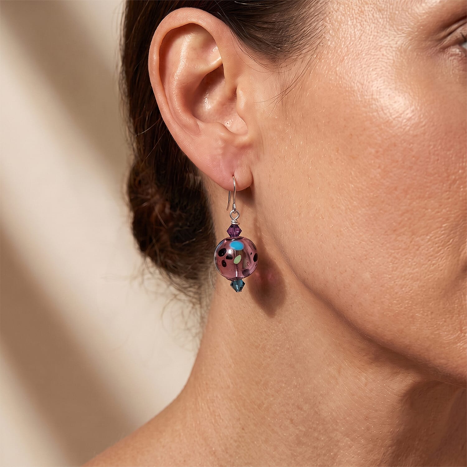 Purple and Teal Polkadot Artisan Glass Earrings in Sterling Silver