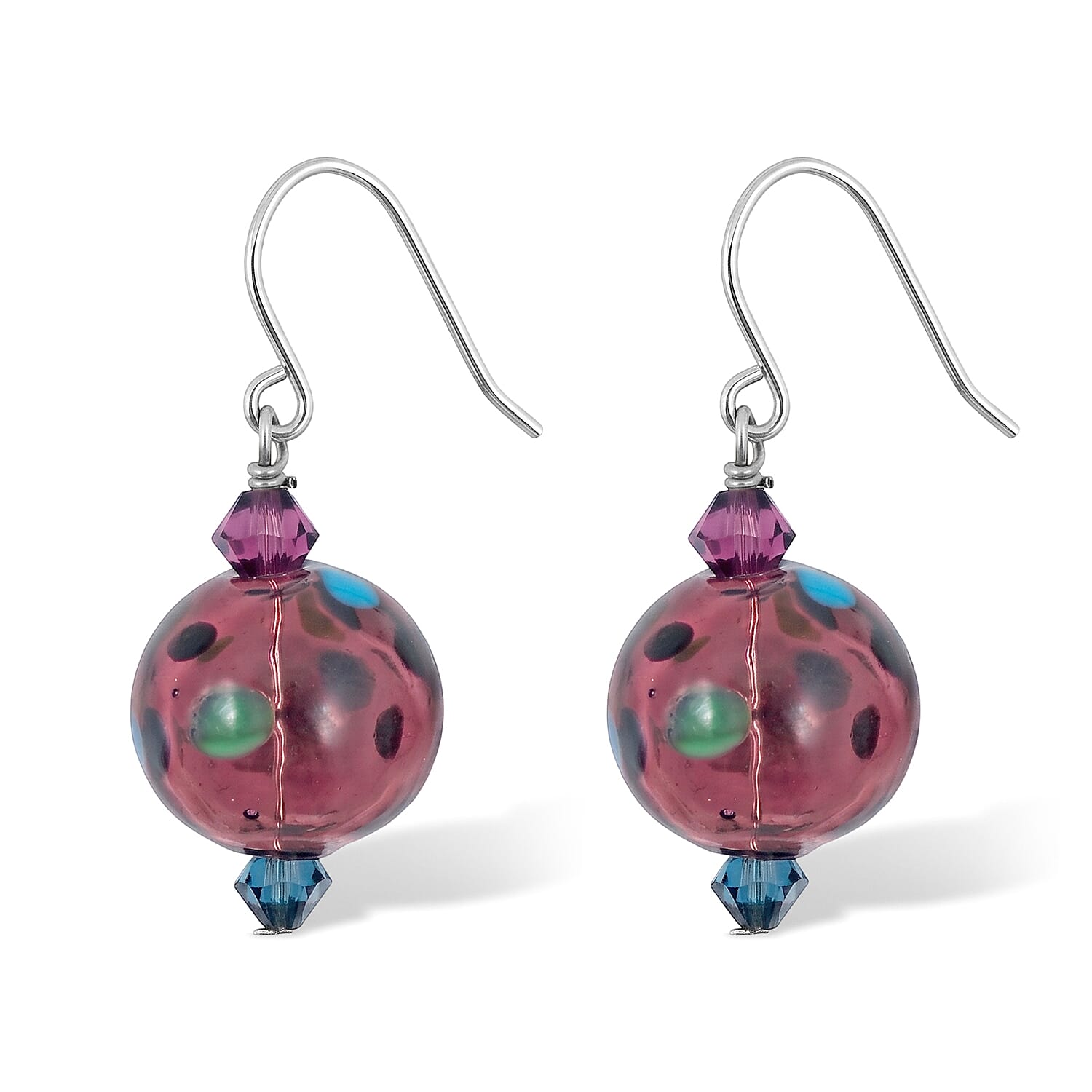 Purple and Teal Polkadot Artisan Glass Earrings in Sterling Silver