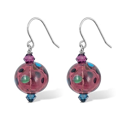 Purple and Teal Polkadot Artisan Glass Earrings in Sterling Silver