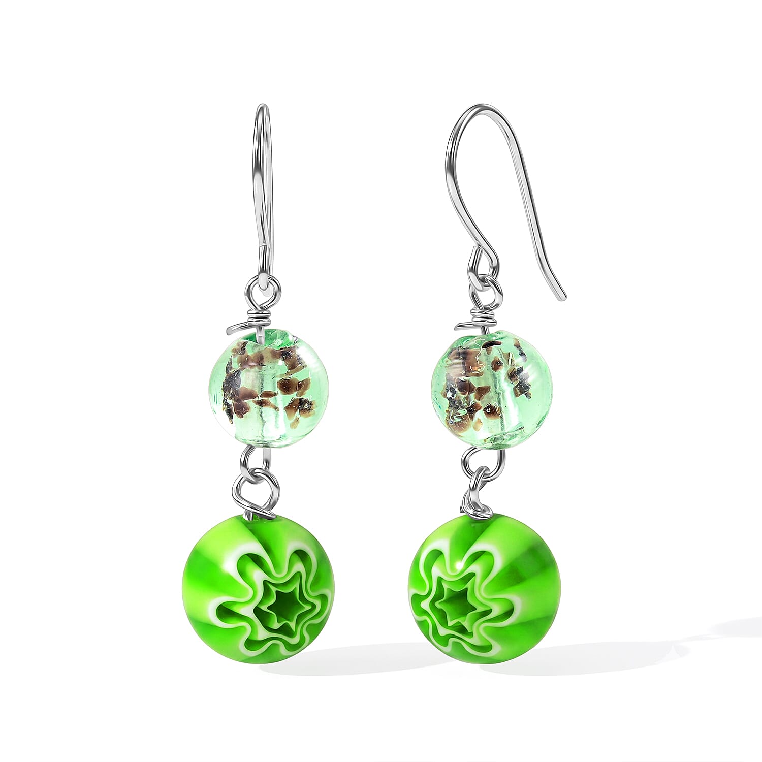 Green Flower Artisan Glass Earrings in Sterling Silver