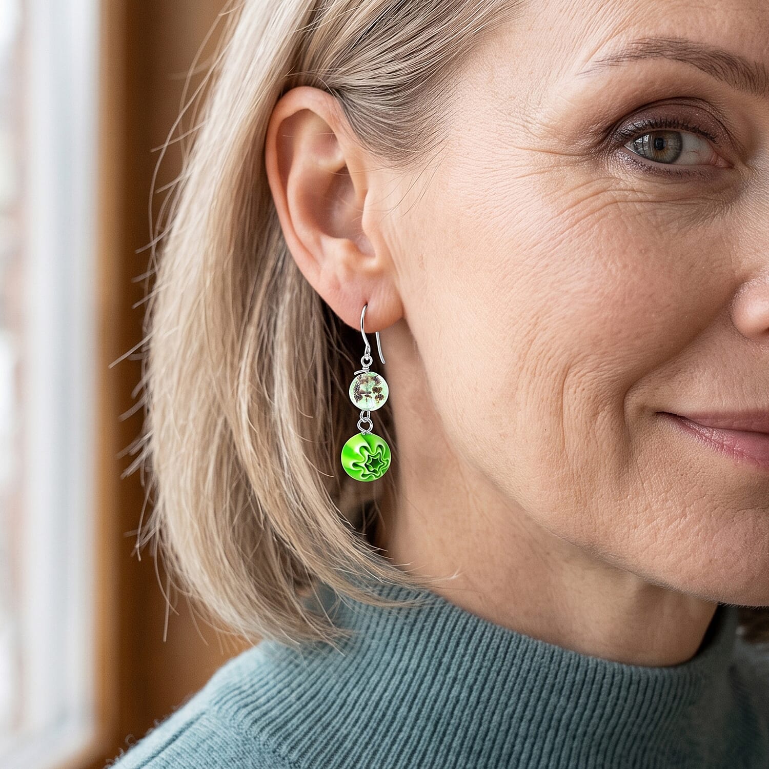 Green Flower Artisan Glass Earrings in Sterling Silver