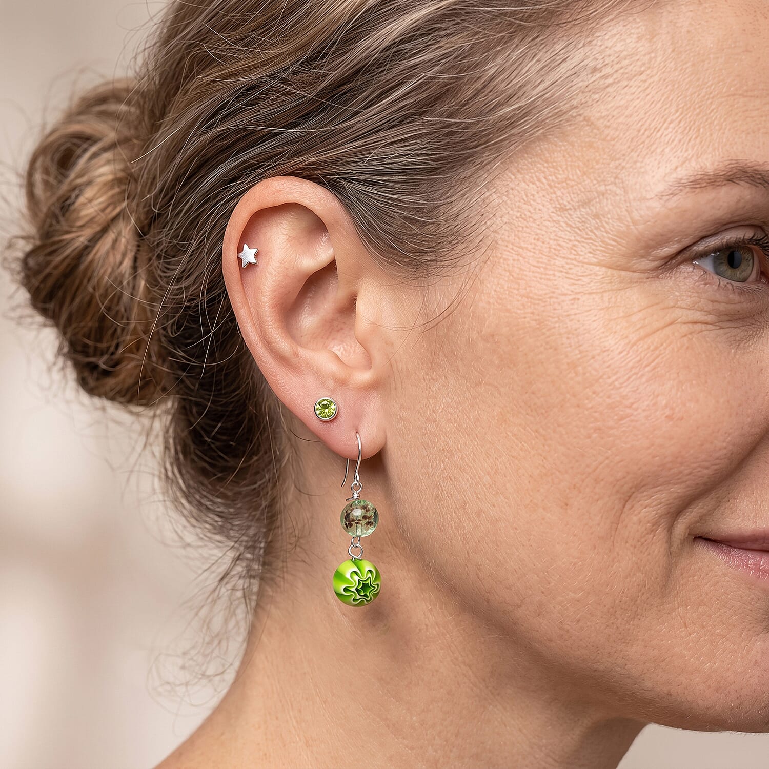 Green Flower Artisan Glass Earrings in Sterling Silver