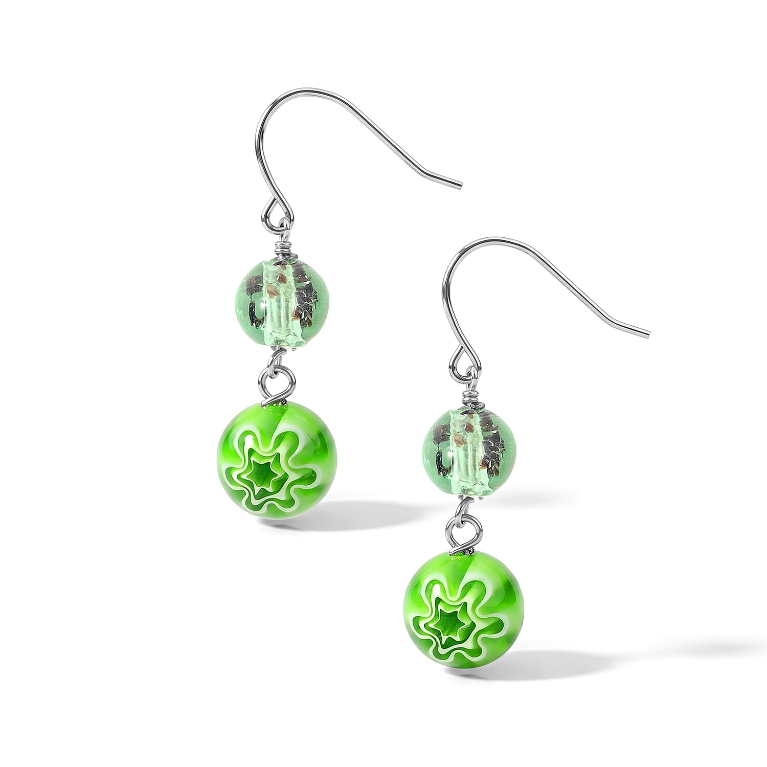 Green Flower Artisan Glass Earrings in Sterling Silver