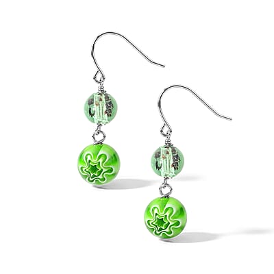 Green Flower Artisan Glass Earrings in Sterling Silver