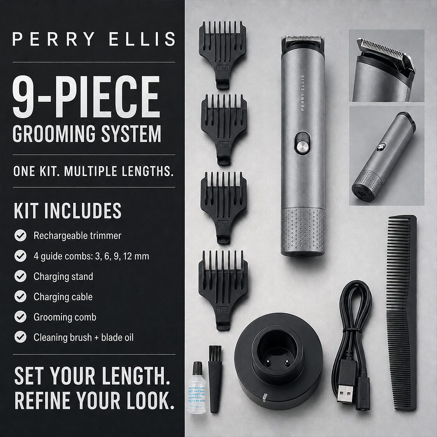 Perry Ellis Rechargeable Hair & Beard Trimming Kit – 9-Pcs Grooming Set
