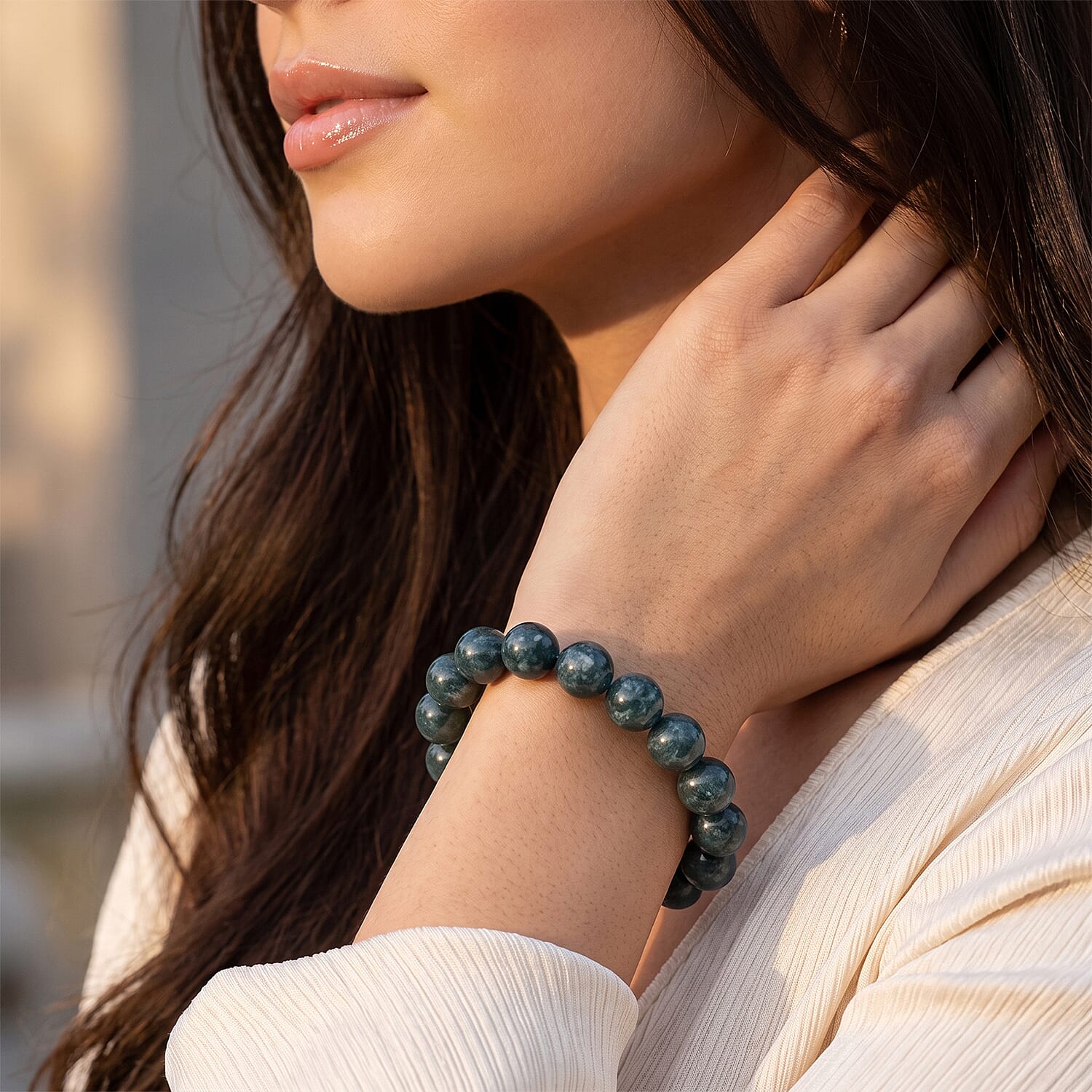 Natural Olmec Jadeite 230.00 ctw Beaded Stretch Bracelet (6.5-7.0In)