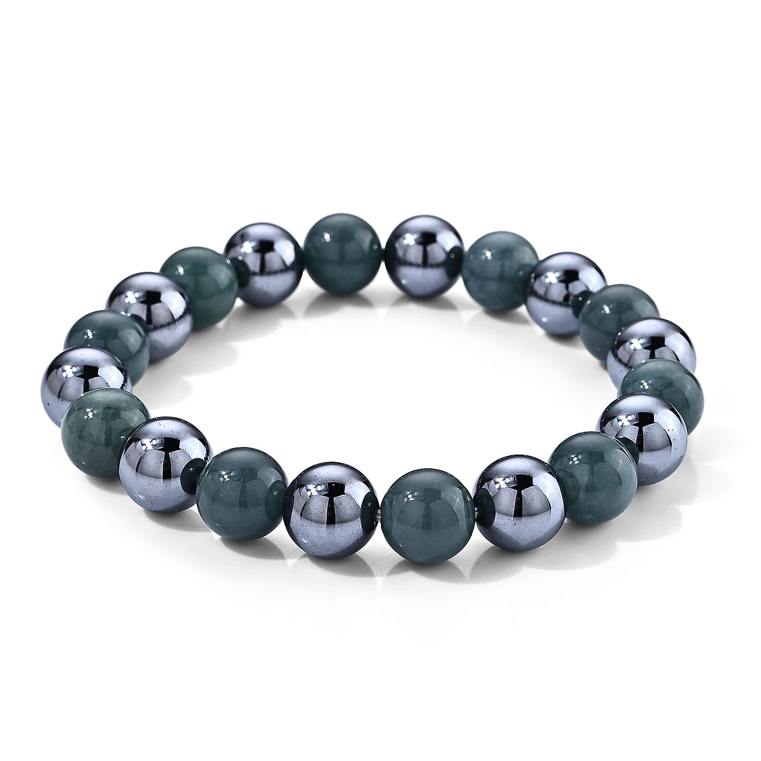 Natural Olmec Jadeite and Terahertz 200.00 ctw Beaded Stretch Bracelet (6.5-7.0In)