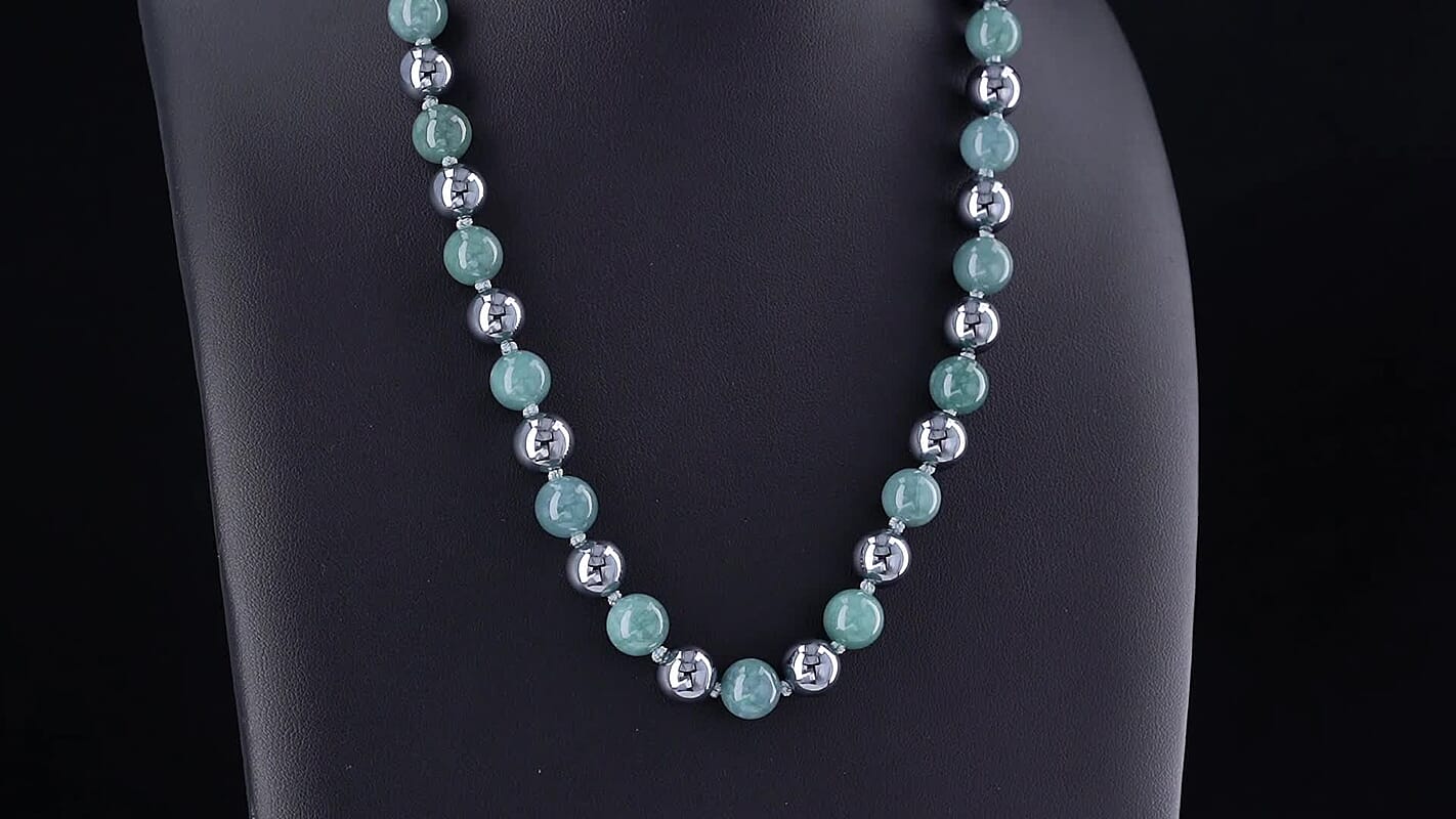 Natural Olmec Jadeite and Terahertz 9-11mm Beaded Necklace (20 Inches) in Stainless Steel 290.00 ctw