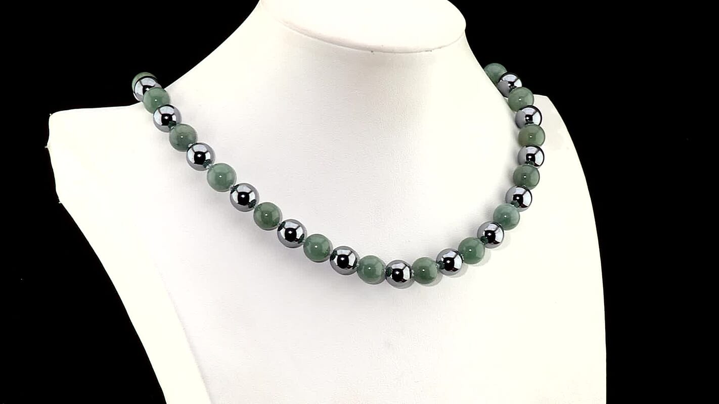 Natural Olmec Jadeite and Terahertz 9-11mm Beaded Necklace (20 Inches) in Stainless Steel 290.00 ctw