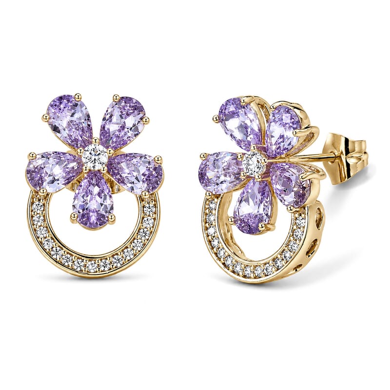 Simulated White and Pink Diamond Flower Earrings in Goldtone