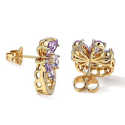 Simulated White and Pink Diamond Flower Earrings in Goldtone