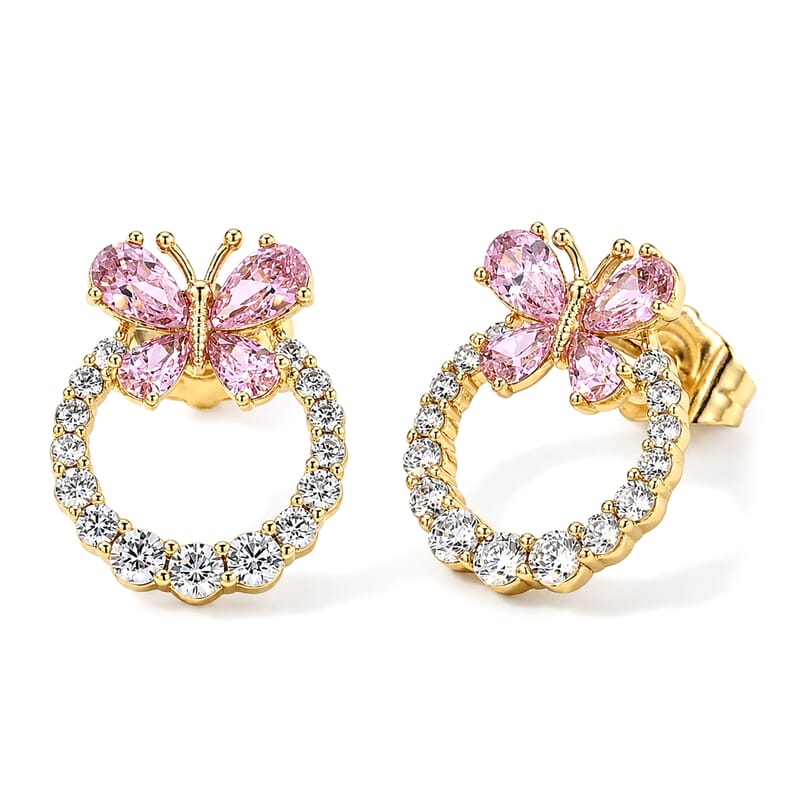 Simulated White and Pink Diamond Butterfly Earrings in Goldtone