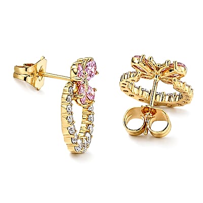 Simulated White and Pink Diamond Butterfly Earrings in Goldtone
