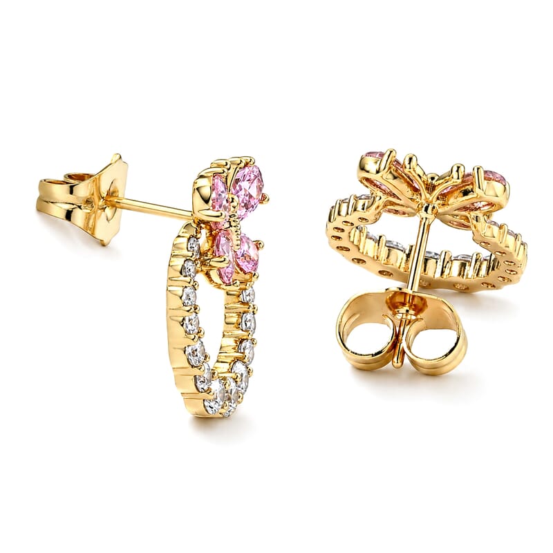Simulated White and Pink Diamond Butterfly Earrings in Goldtone