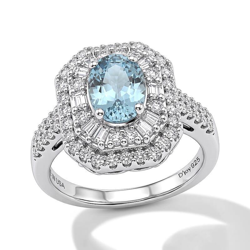D'Joy Premium Cambodian Blue Zircon and Moissanite 2.80 ctw Ring in Rhodium Over Sterling Silver (Size 6.0)