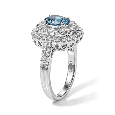 D'Joy Premium Cambodian Blue Zircon and Moissanite 2.80 ctw Ring in Rhodium Over Sterling Silver (Size 6.0)
