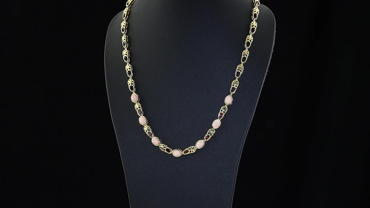EverTrue Oregon Sunrise Peach Opal and Orissa Rhodolite Garnet 6.20 ctw Necklace (18 Inches) in 18K YG Plated