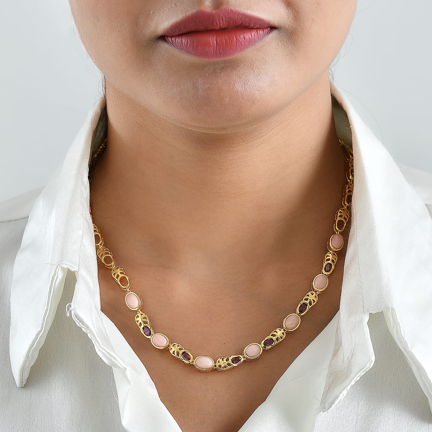 EverTrue Oregon Sunrise Peach Opal and Orissa Rhodolite Garnet 6.20 ctw Necklace (18 Inches) in 18K YG Plated