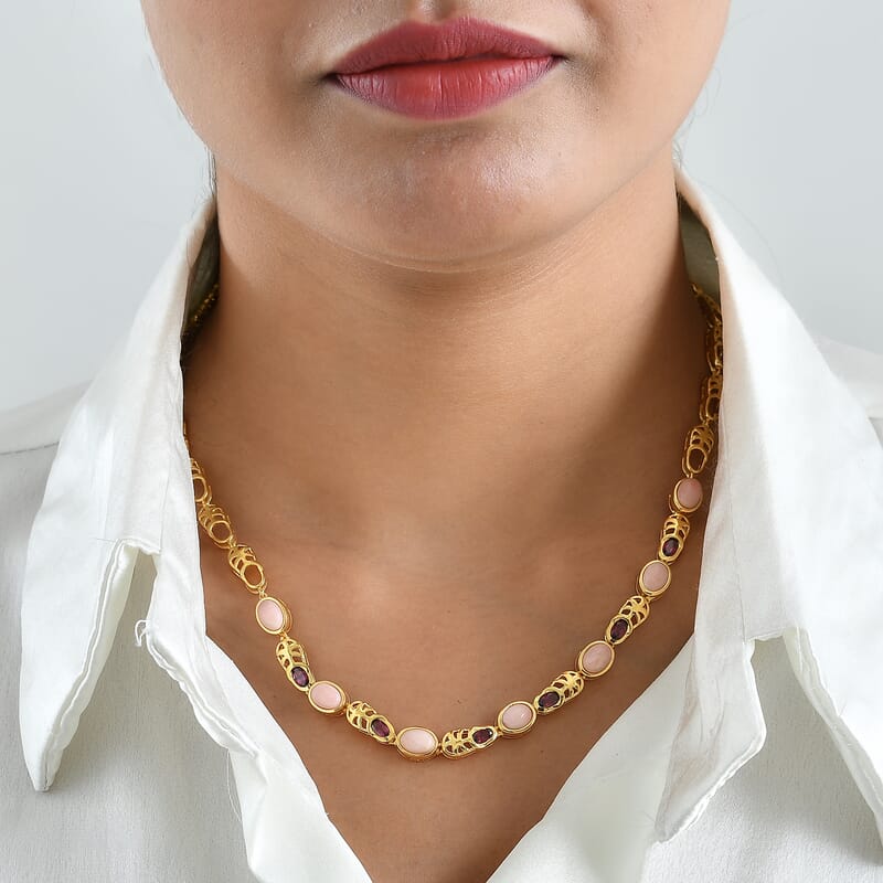 EverTrue Oregon Sunrise Peach Opal and Orissa Rhodolite Garnet 6.20 ctw Necklace (18 Inches) in 18K YG Plated