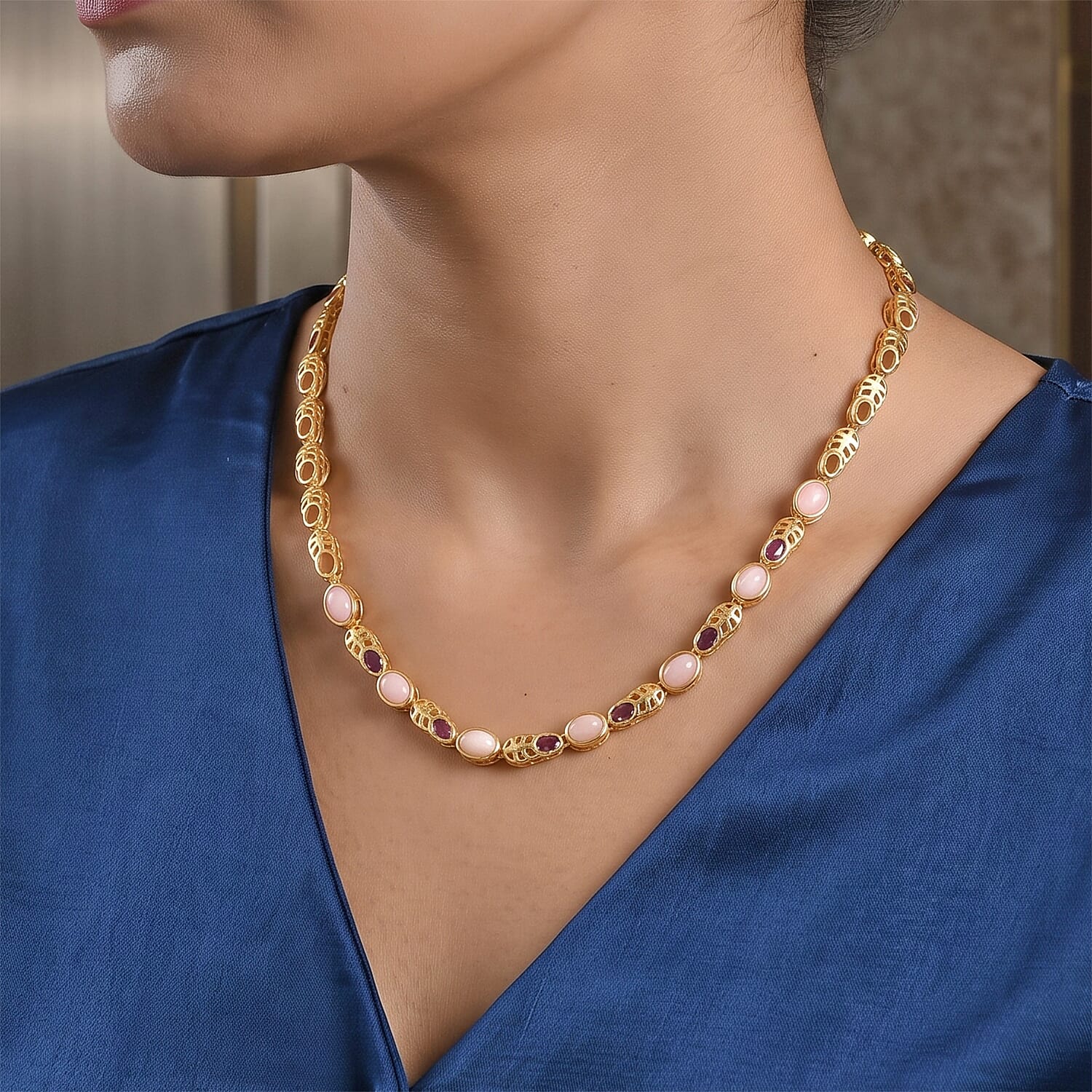 EverTrue Oregon Sunrise Peach Opal and Orissa Rhodolite Garnet 6.20 ctw Necklace (18 Inches) in 18K YG Plated