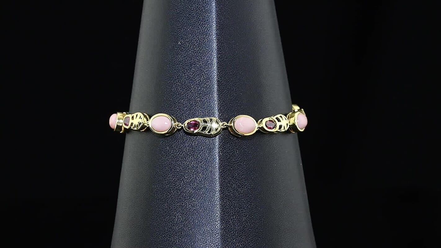 EverTrue Oregon Sunrise Peach Opal and Orissa Rhodolite Garnet 4.90 ctw Motif Linked Bracelet in 18K YG Plated (6.50-8.0In)