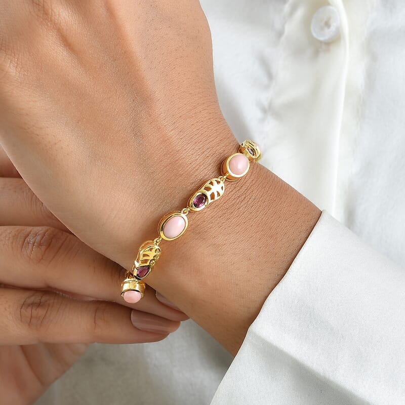 EverTrue Oregon Sunrise Peach Opal and Orissa Rhodolite Garnet 4.90 ctw Motif Linked Bracelet in 18K YG Plated (6.50-8.0In)