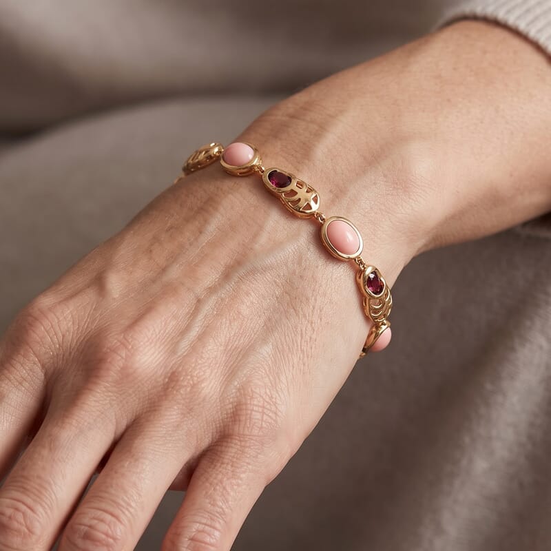 EverTrue Oregon Sunrise Peach Opal and Orissa Rhodolite Garnet 4.90 ctw Motif Linked Bracelet in 18K YG Plated (6.50-8.0In)