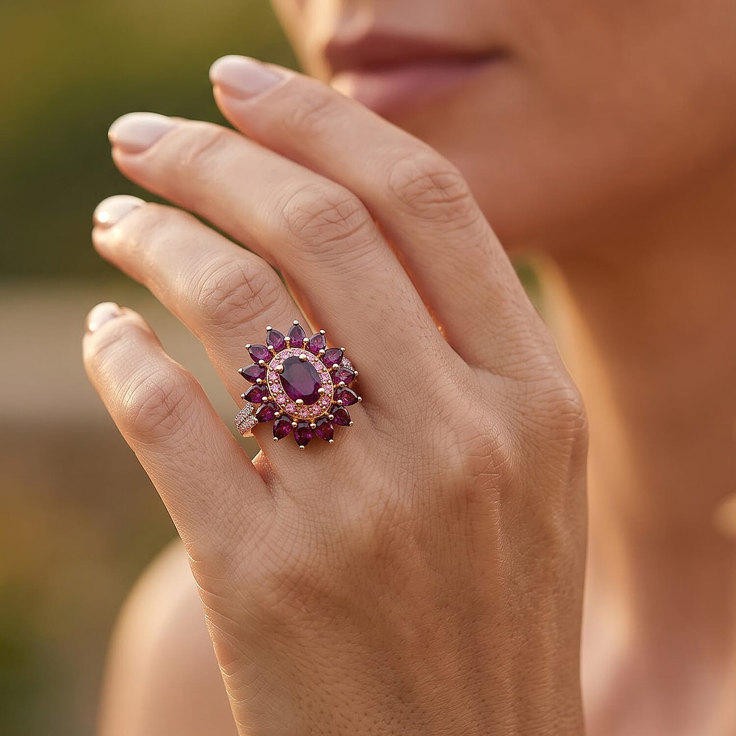 D'Joy Premium Radiant Ember Garnet and Multi Gemstone 4.90 ctw Radiant Star Bloom Ring in 18K Vermeil Yellow Gold Over Sterling Silver (Size 10.0)