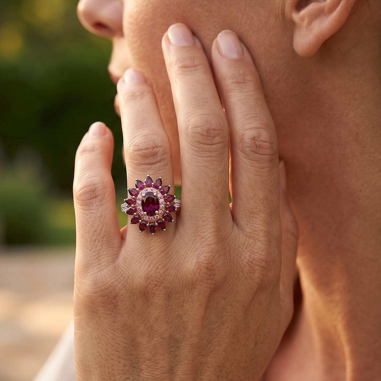 D'Joy Premium Radiant Ember Garnet and Multi Gemstone 4.90 ctw Radiant Star Bloom Ring in 18K Vermeil Yellow Gold Over Sterling Silver (Size 10.0)