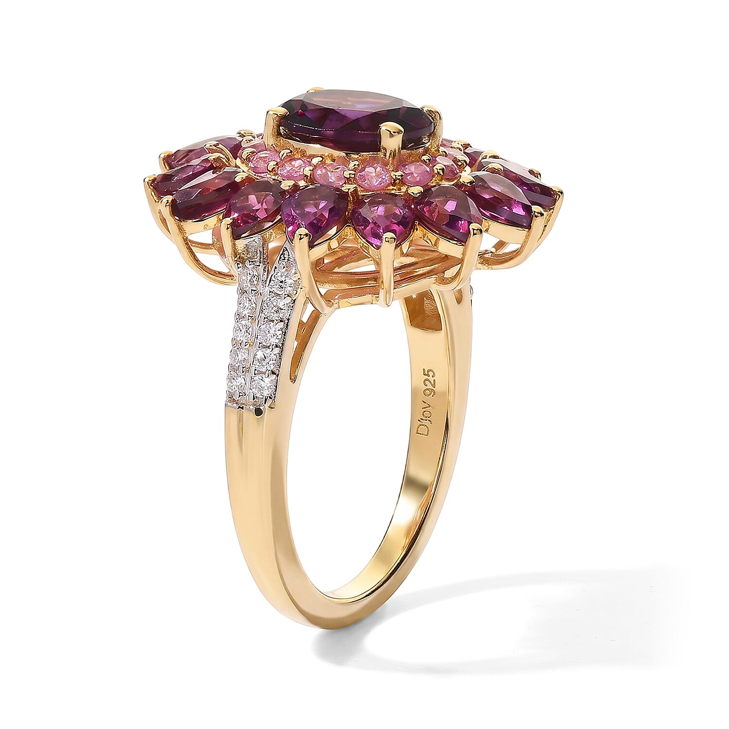 D'Joy Premium Radiant Ember Garnet and Multi Gemstone 4.90 ctw Radiant Star Bloom Ring in 18K Vermeil Yellow Gold Over Sterling Silver (Size 10.0)