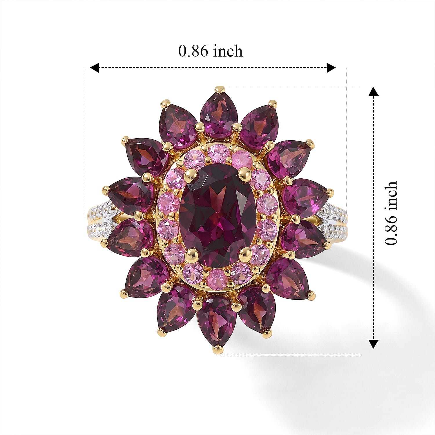 D'Joy Premium Radiant Ember Garnet and Multi Gemstone 4.90 ctw Radiant Star Bloom Ring in 18K Vermeil Yellow Gold Over Sterling Silver (Size 10.0)