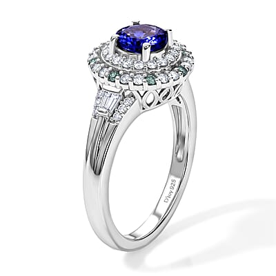 D'Joy Premium Tanzanite, Paraiba Tourmaline and Diamond 1.40 ctw Halo Ring in Rhodium Over Sterling Silver (Size 6.0)