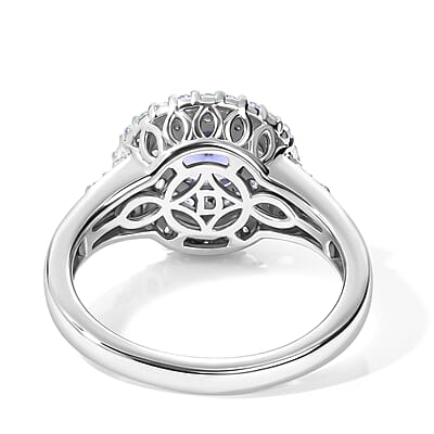 D'Joy Premium Tanzanite, Paraiba Tourmaline and Diamond 1.40 ctw Halo Ring in Rhodium Over Sterling Silver (Size 6.0)