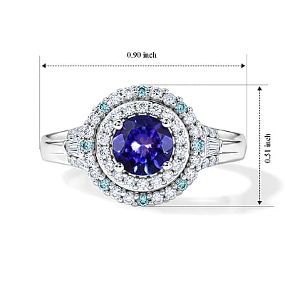 D'Joy Premium Tanzanite, Paraiba Tourmaline and Diamond 1.40 ctw Halo Ring in Rhodium Over Sterling Silver (Size 6.0)
