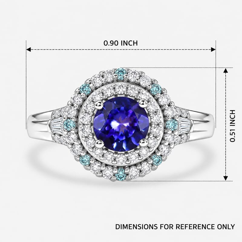 D'Joy Premium Tanzanite, Paraiba Tourmaline and Diamond 1.40 ctw Ocean Royale Collection Ring in Rhodium Over Sterling Silver (Size 6.0)