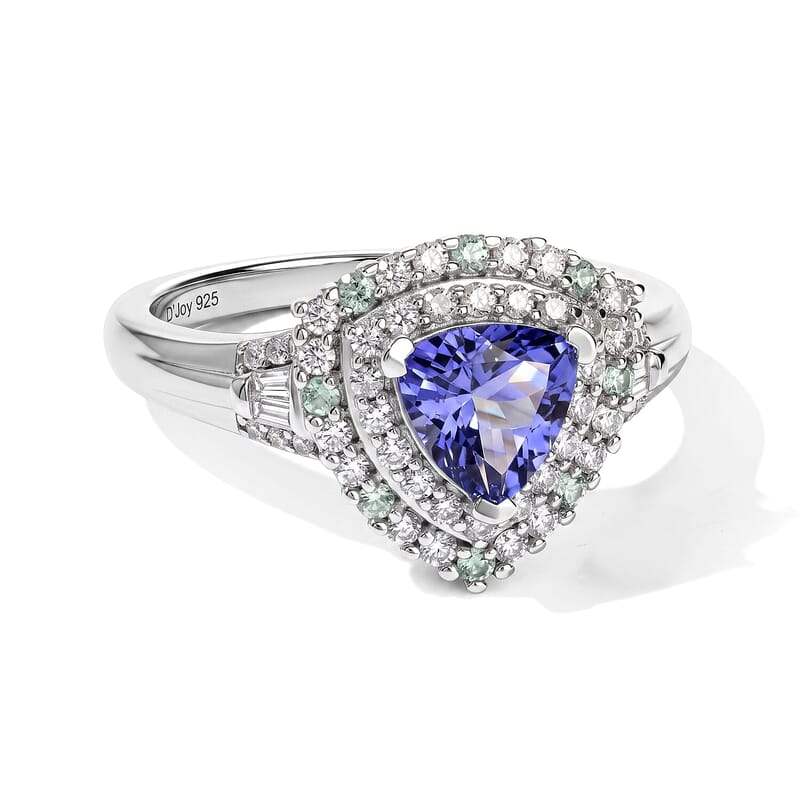 D'Joy Premium Tanzanite, Paraiba Tourmaline and Diamond 1.50 ctw Halo Ring in Rhodium Over Sterling Silver (Size 5.0)