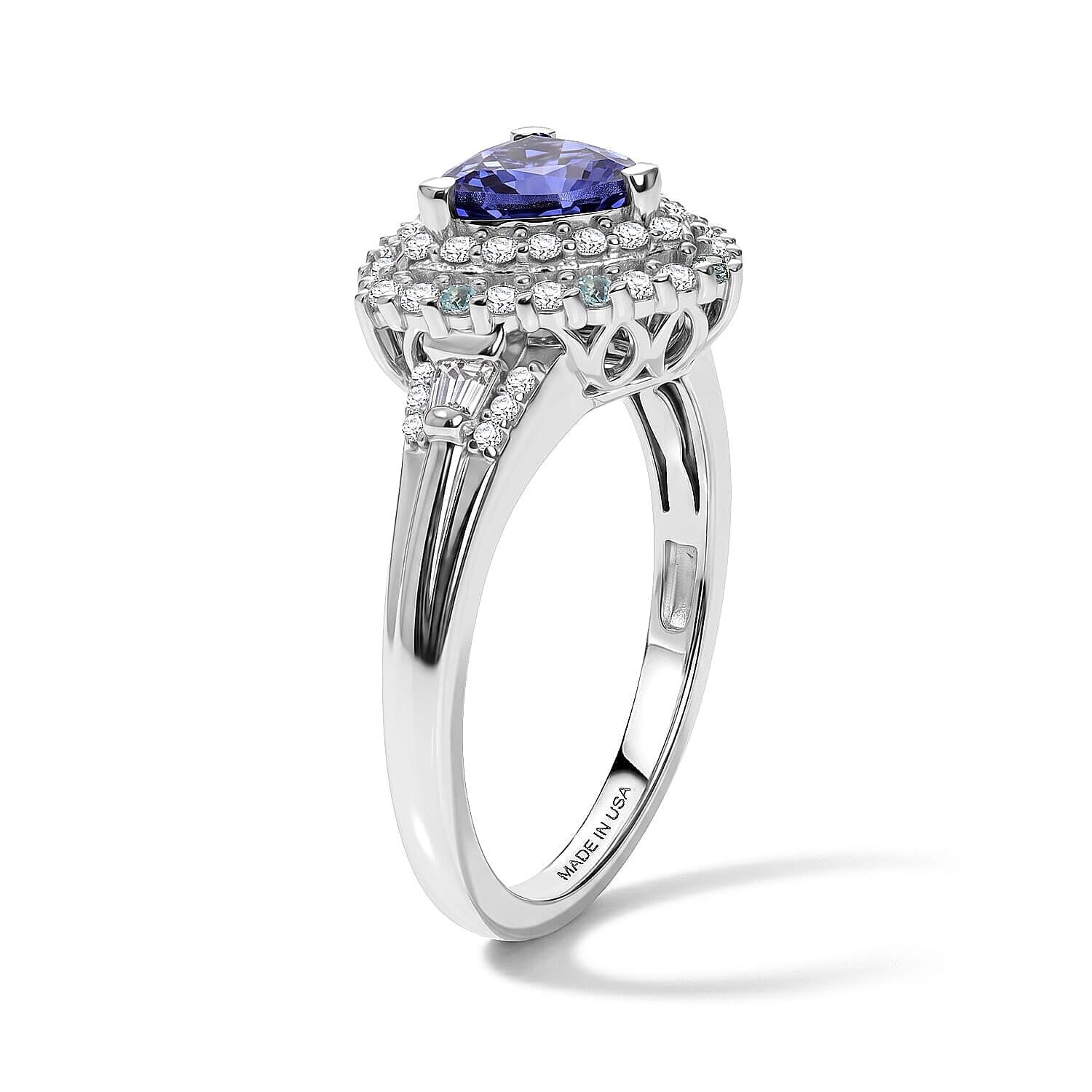 D'Joy Premium Tanzanite, Paraiba Tourmaline and Diamond 1.50 ctw Halo Ring in Rhodium Over Sterling Silver (Size 5.0)