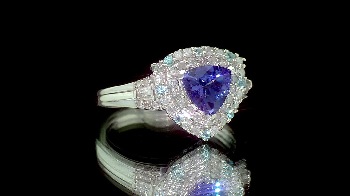 D''Joy Premium Tanzanite, Paraiba Tourmaline and Diamond 1.50 ctw Halo Ring in Rhodium Over Sterling Silver (Size 7.0)