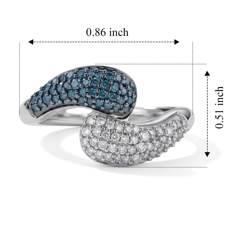 D'Joy Blue and White Diamond 0.50 ctw Azure Wave Ring in Rhodium Over Sterling Silver (Size 6.0)