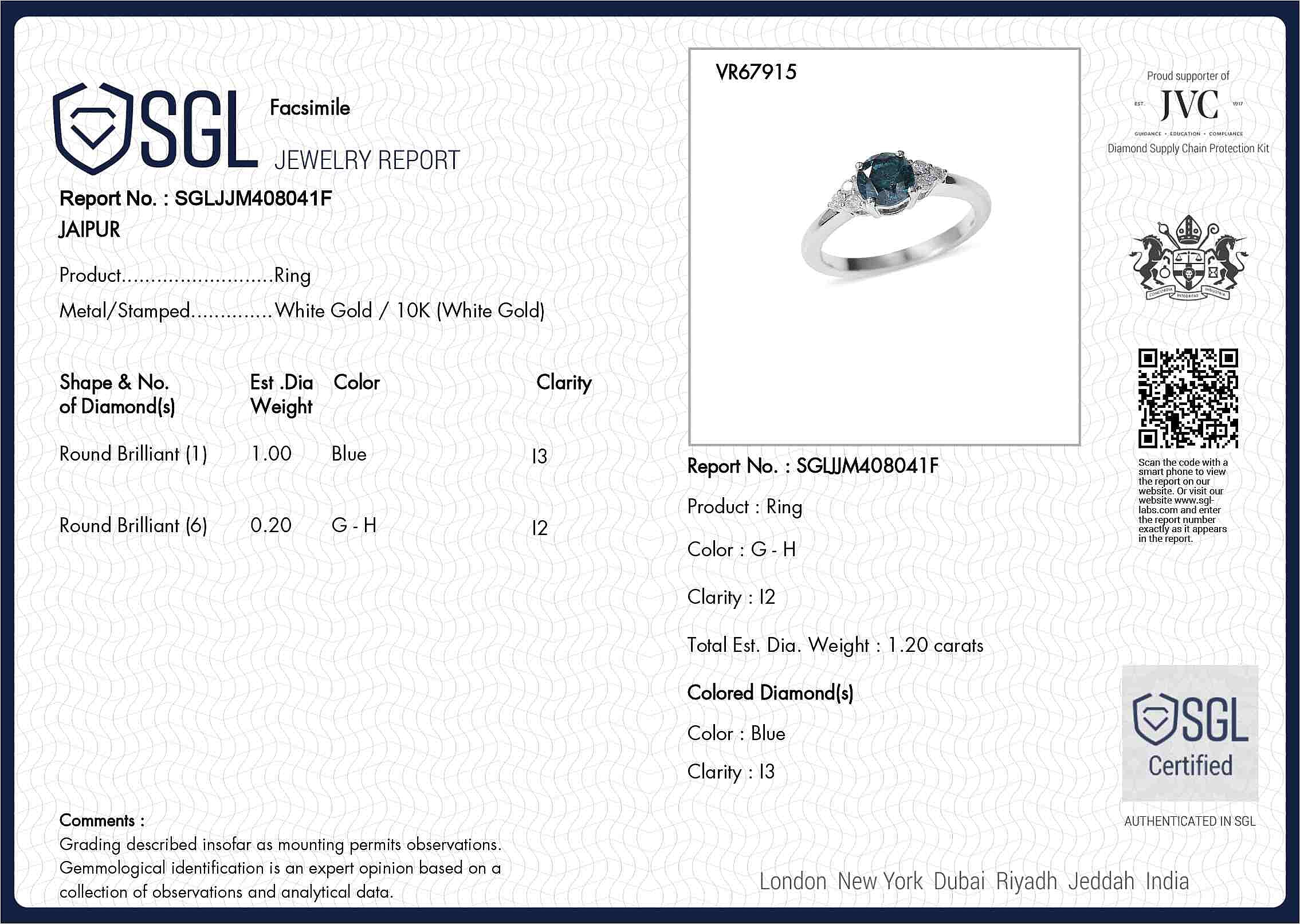 SGL Certified Blue and White Diamond I2-I3 1.20 ctw Azure Crown Ring in 10K White Gold (Size 8.0)