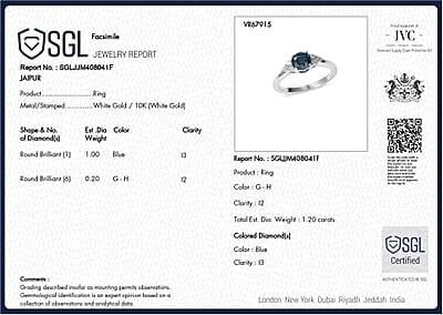 SGL Certified Blue and White Diamond I2-I3 1.20 ctw Azure Crown Ring in 10K White Gold (Size 8.0)
