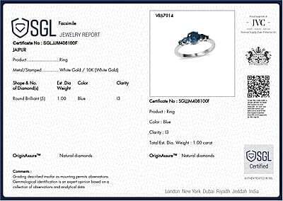 SGL Certified Blue Diamond I3 1.00 ctw Ring in 10K White Gold (Size 6.0)