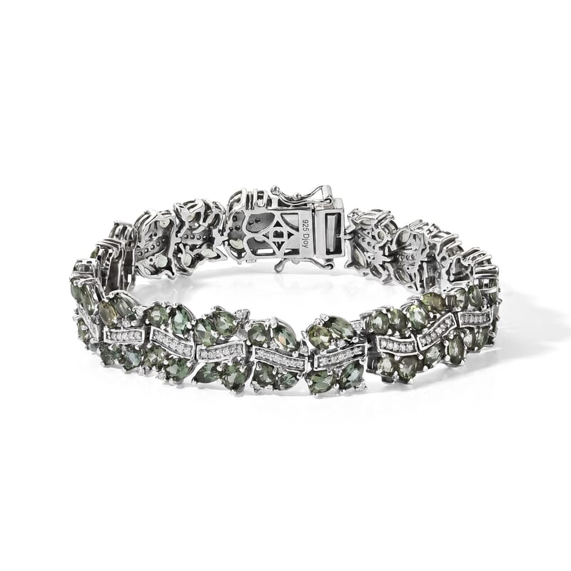 D'Joy Premium Natural Green Apatite and Moissanite 15.40 ctw Forest Whisper Bracelet in Rhodium Over Sterling Silver (6.50 In)