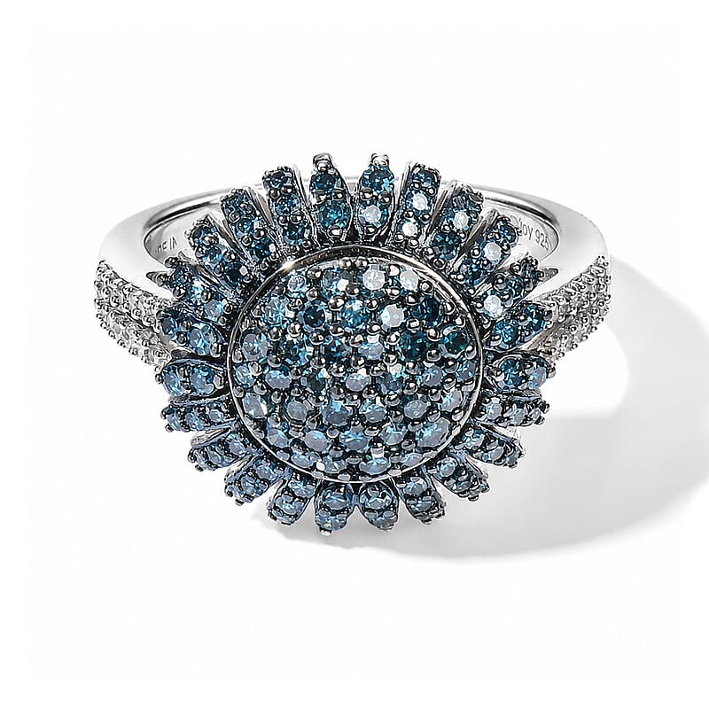 D'Joy Blue and White Diamond 1.00 ctw Ring in Rhodium Over Sterling Silver (Size 6.0)