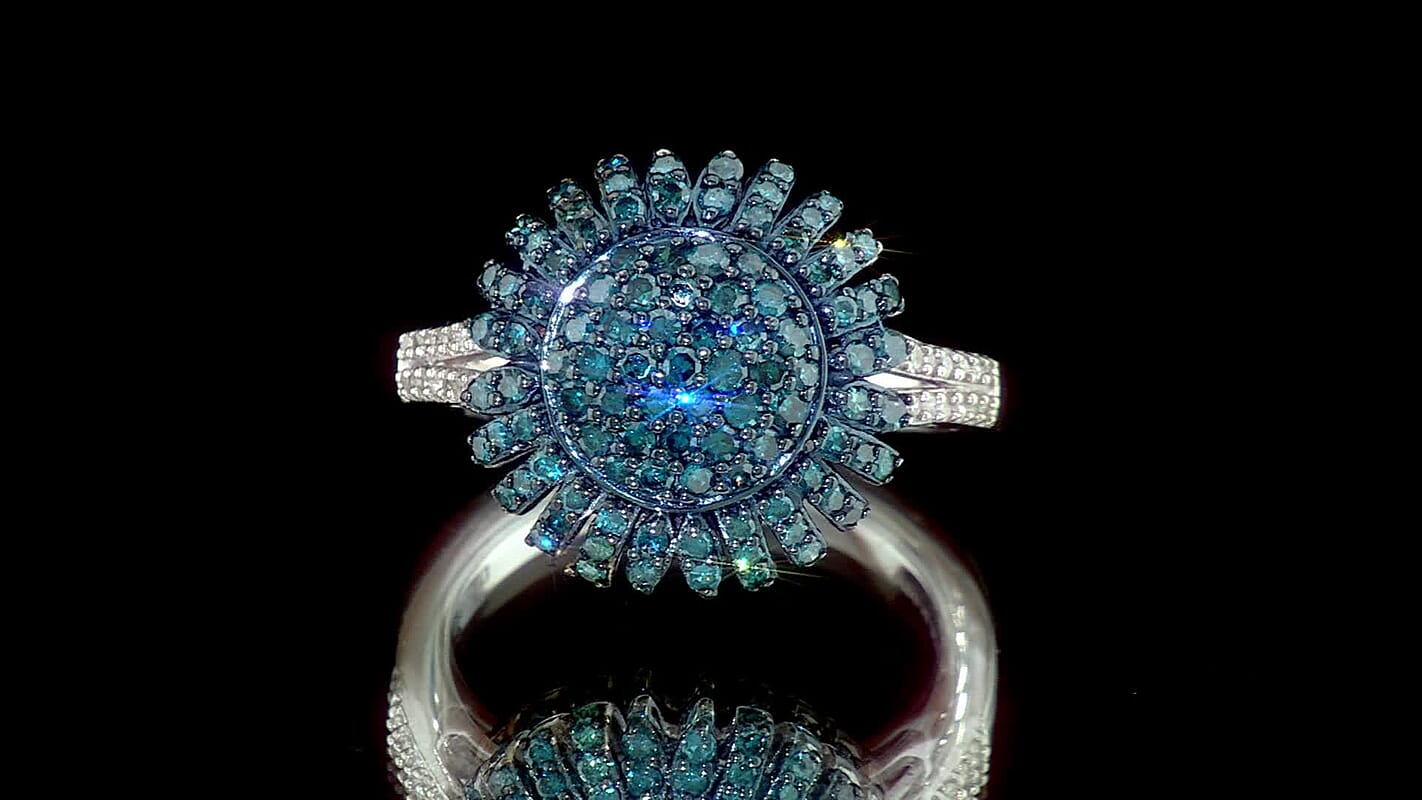 D''Joy Blue Diamond (IR), Diamond Ring in Rhodium Over Sterling Silver (Size 10.0) 0.99 ctw