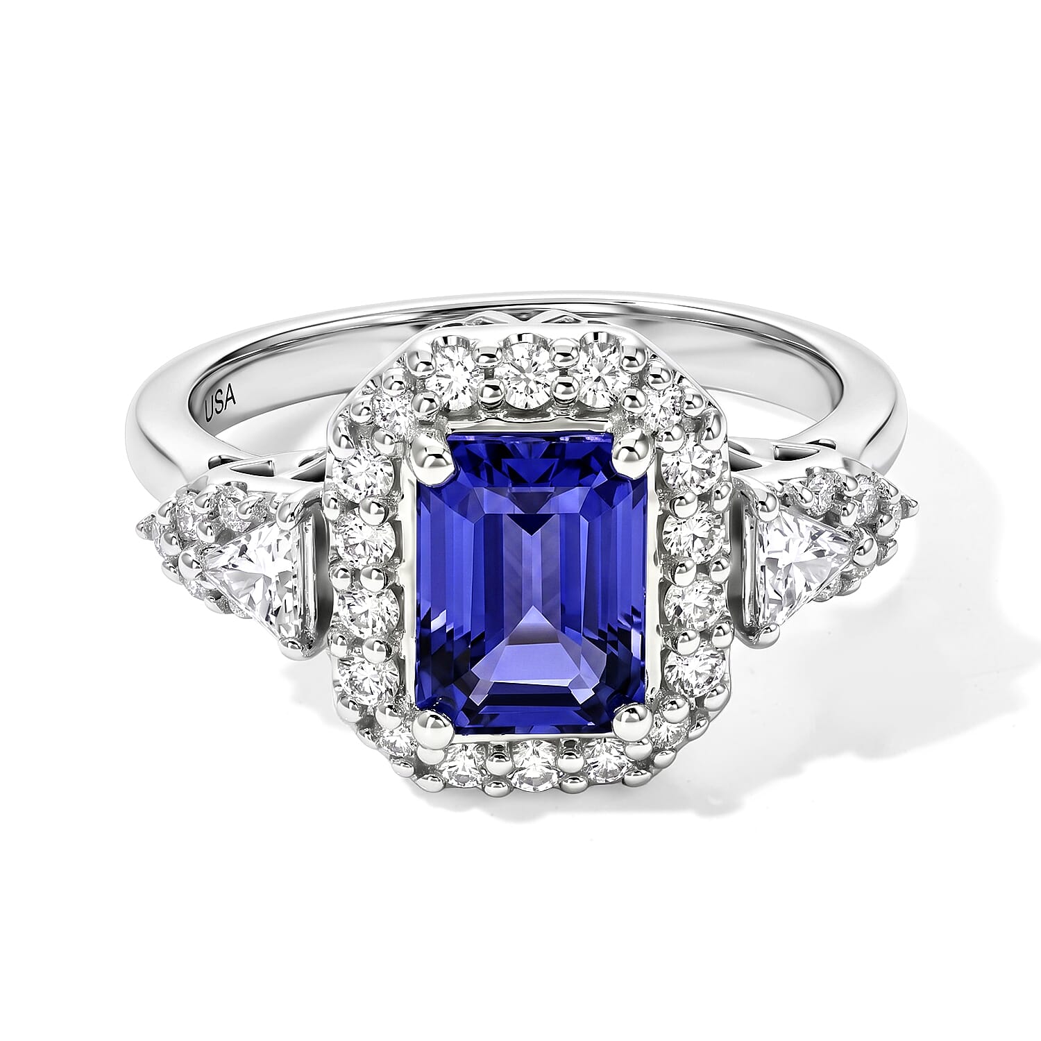 D'Joy Premium Tanzanite, Moissanite  Ring in Rhodium Over Sterling Silver  (Size 6.0) 2.10 ctw