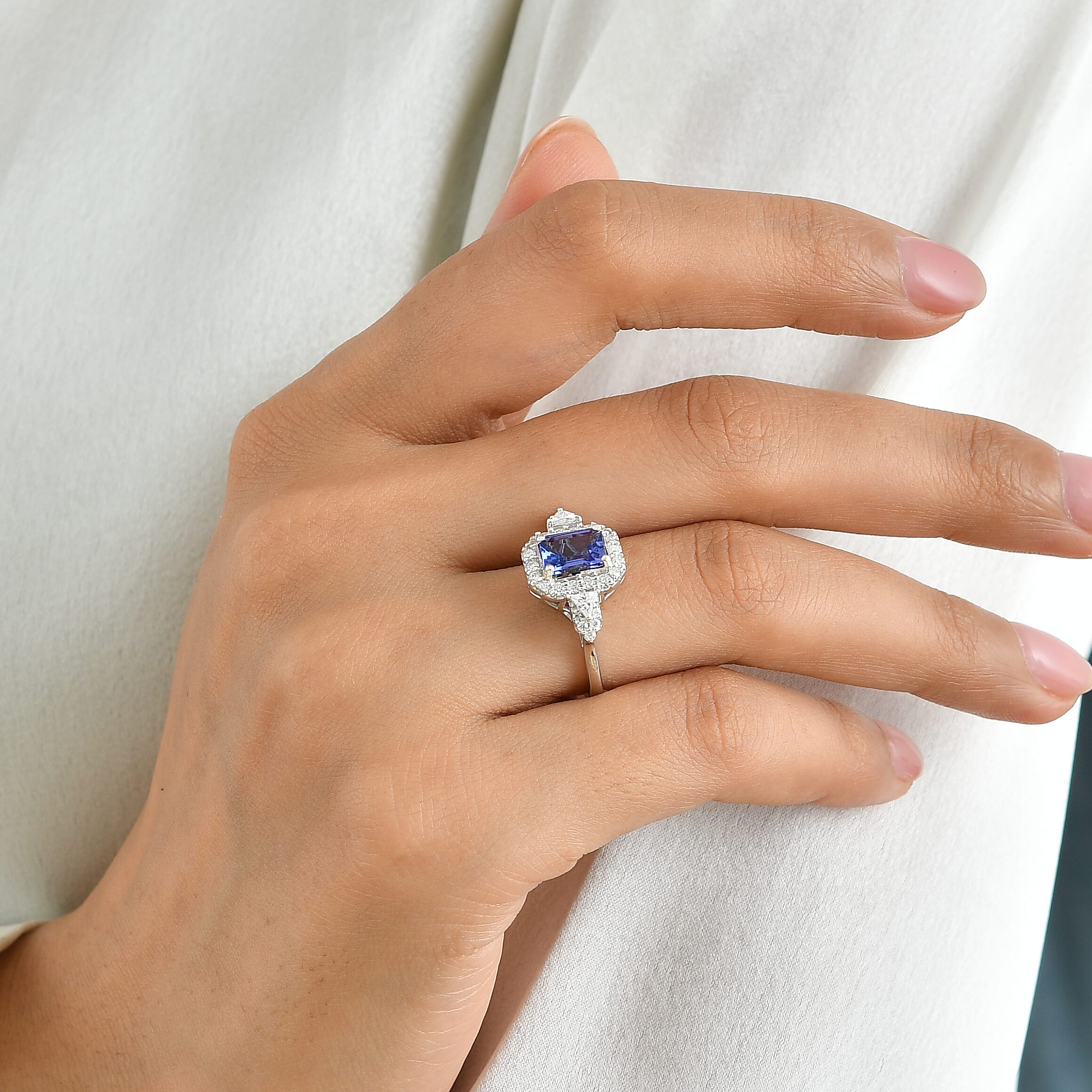 D'Joy Premium Tanzanite, Moissanite  Ring in Rhodium Over Sterling Silver  (Size 6.0) 2.10 ctw